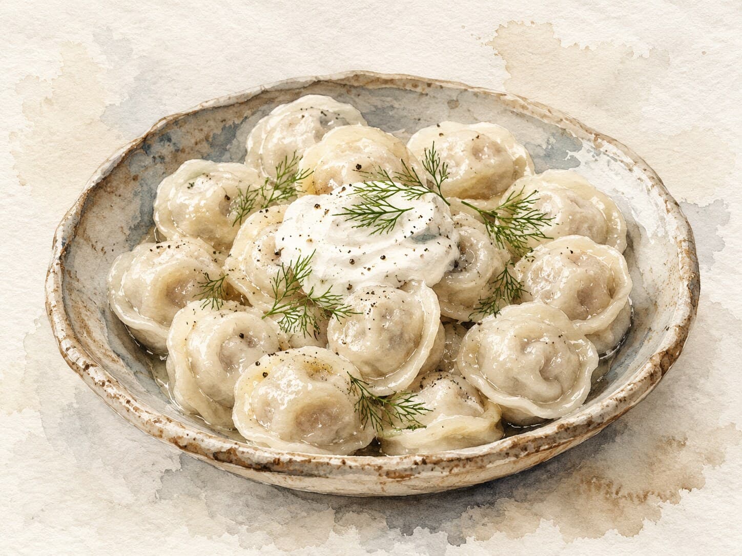 A watercolor illustration of a plate of Pelmeni dumplings on a warm cream background.