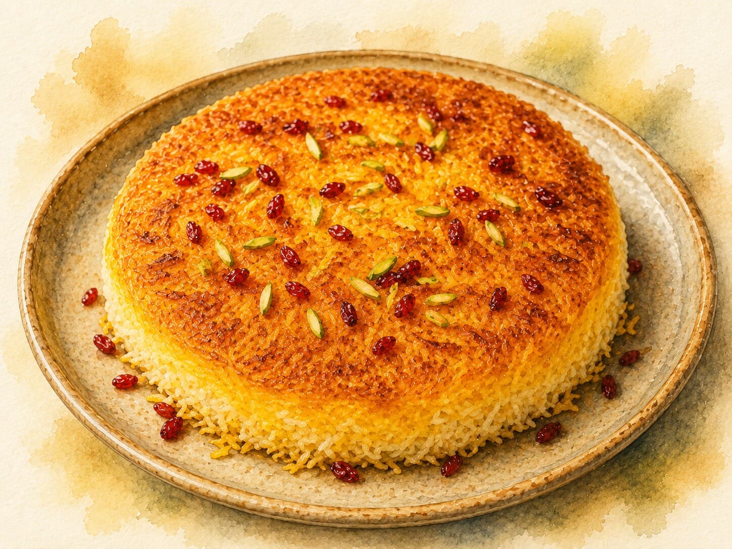 A beautifully arranged plate of Tahdig with a golden, crispy crust and fluffy rice.
