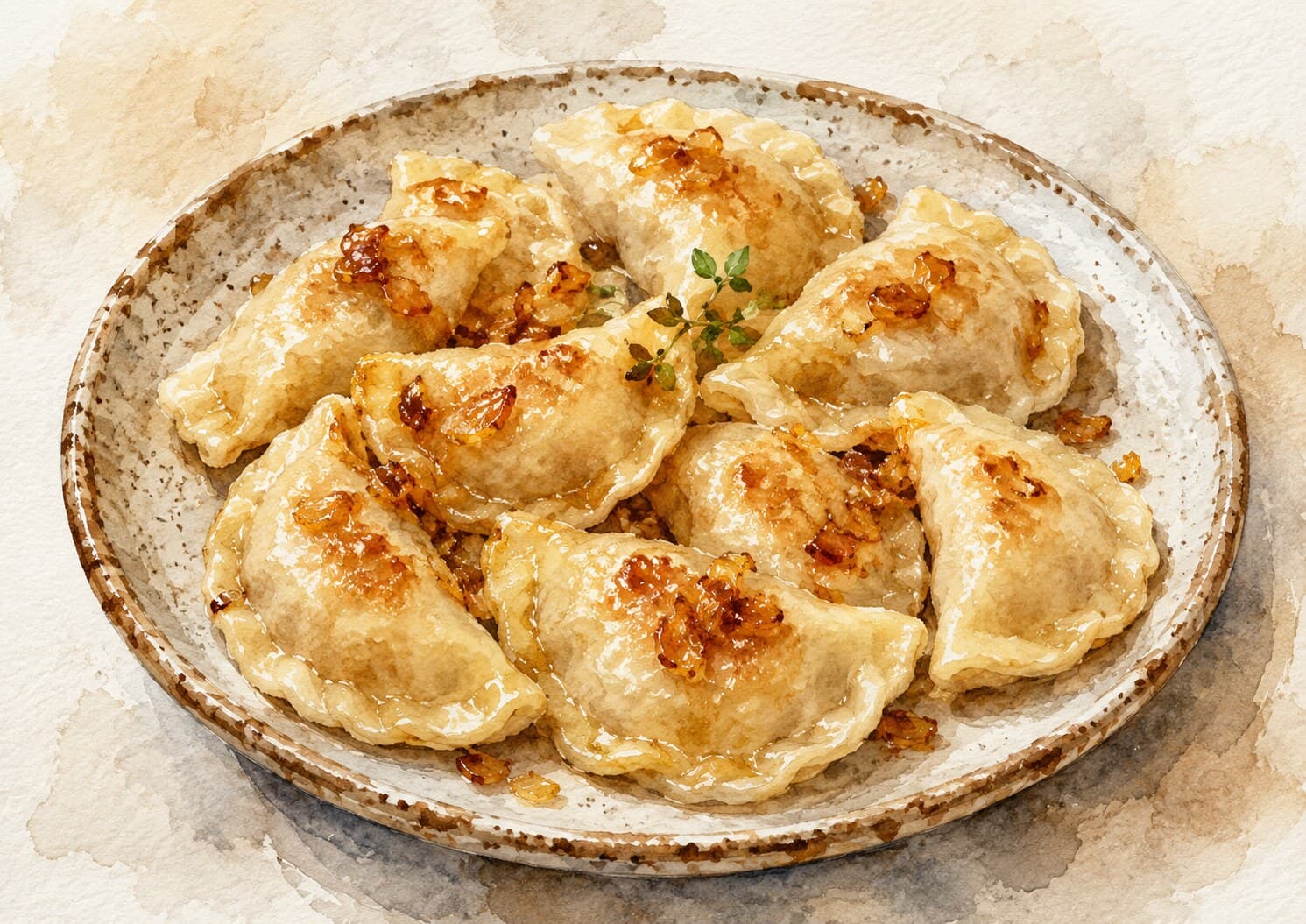 A plate of golden-brown pierogi, beautifully arranged with a soft watercolor background.