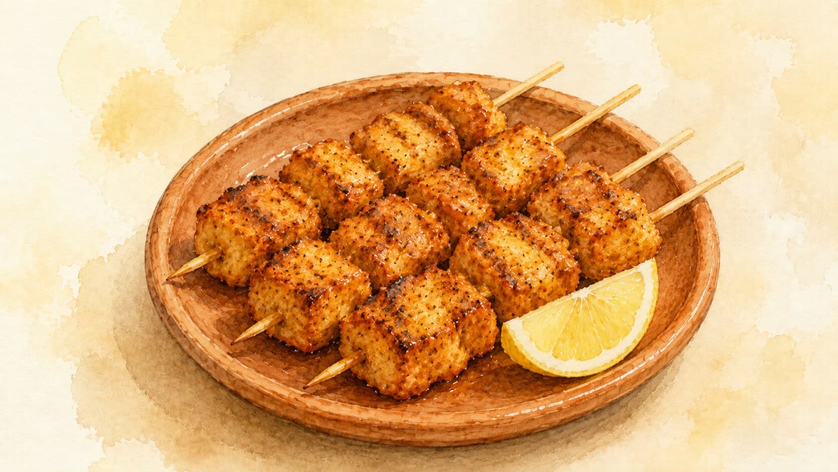 Three bamboo skewers loaded with marinated pork cubes, served with a lemon wedge on a clay plate.
