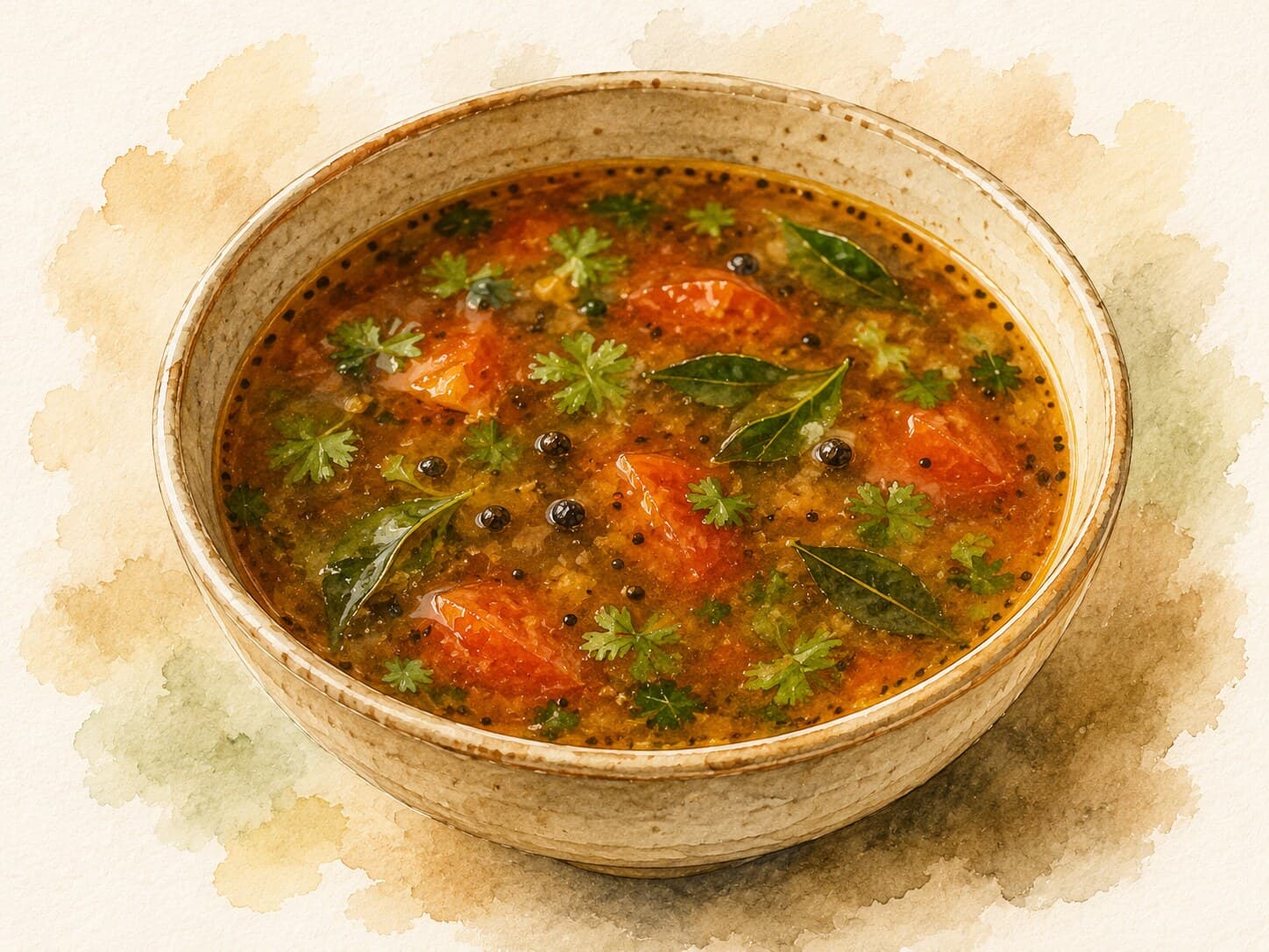 A soft watercolor illustration of Rasam in a bowl on a warm cream background.
