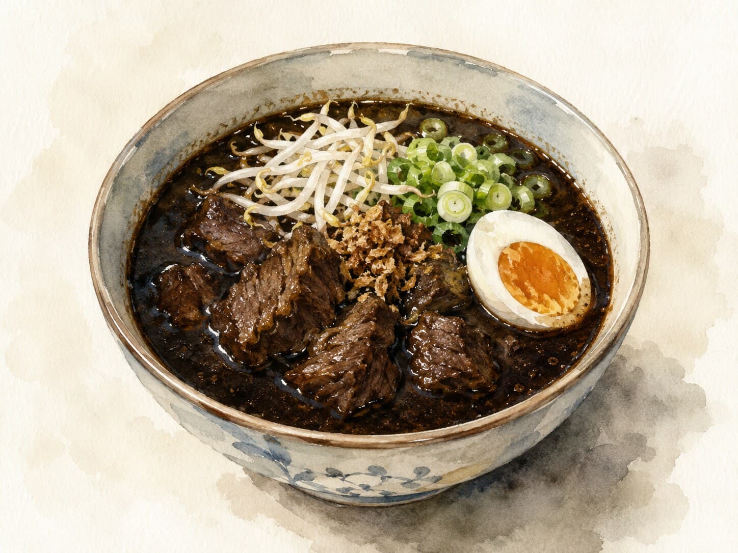 A bowl of Rawon, a dark Indonesian beef soup garnished with fresh bean sprouts.