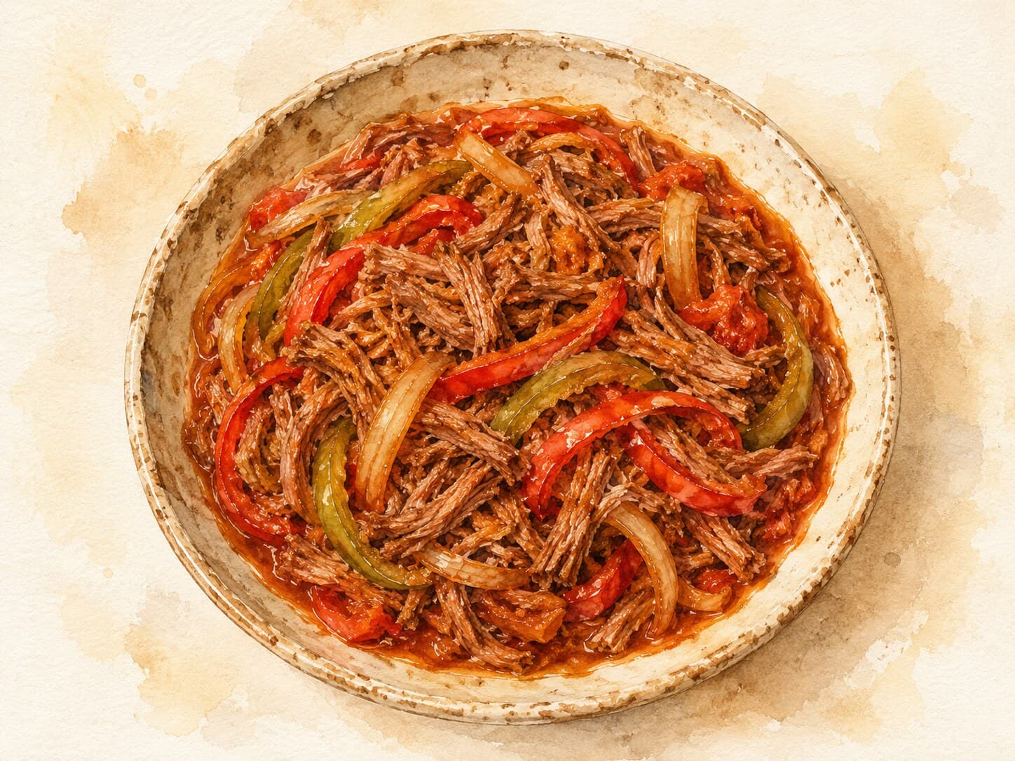 A plate of Ropa Vieja with shredded beef and colorful vegetables surrounded by a rich sauce.