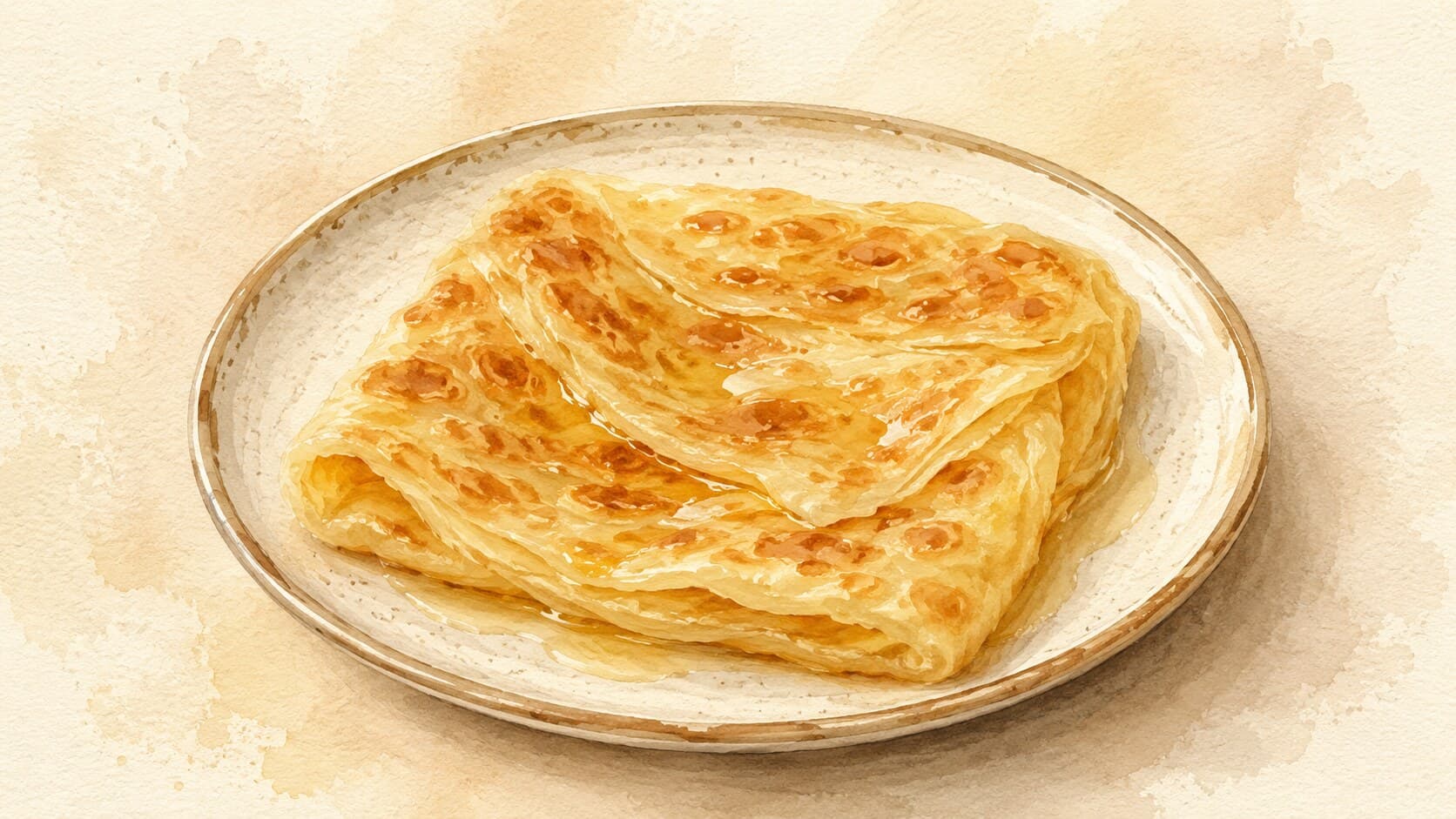 Golden flaky round flatbread with visible folded-spiral layers, served with dal curry.
