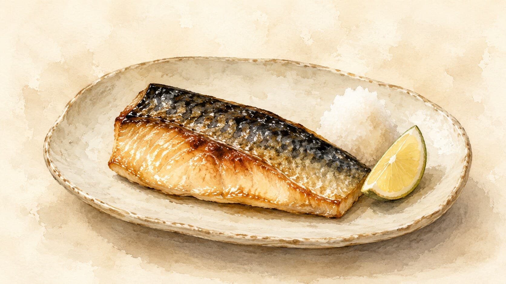 Two grilled mackerel fillets with blistered skin, served alongside grated daikon and a lemon wedge on a ceramic plate.