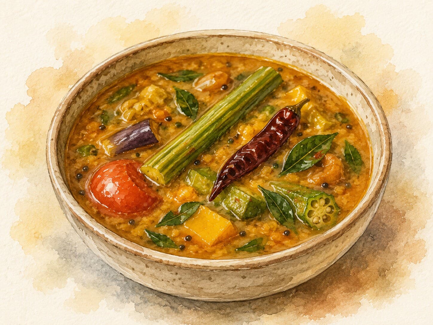 A watercolor illustration of a bowl of Sambar, showcasing vibrant vegetables and lentils.