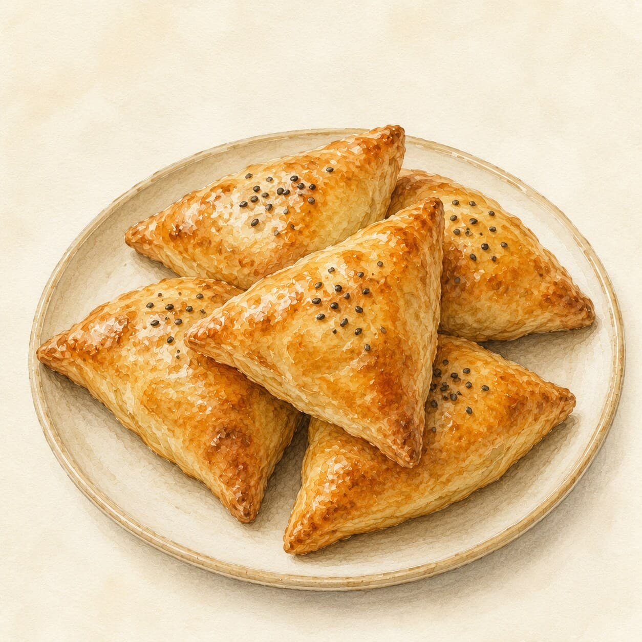 A golden-brown triangular samsa pastry, elegantly presented on a rustic wooden board.