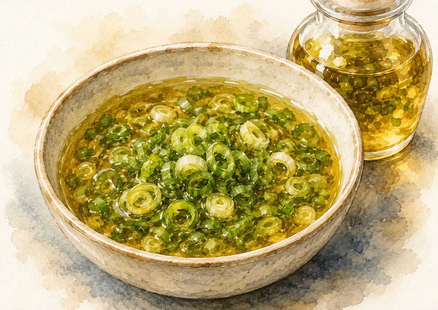A vibrant bottle of scallion oil with fresh scallions and ginger on a wooden surface.