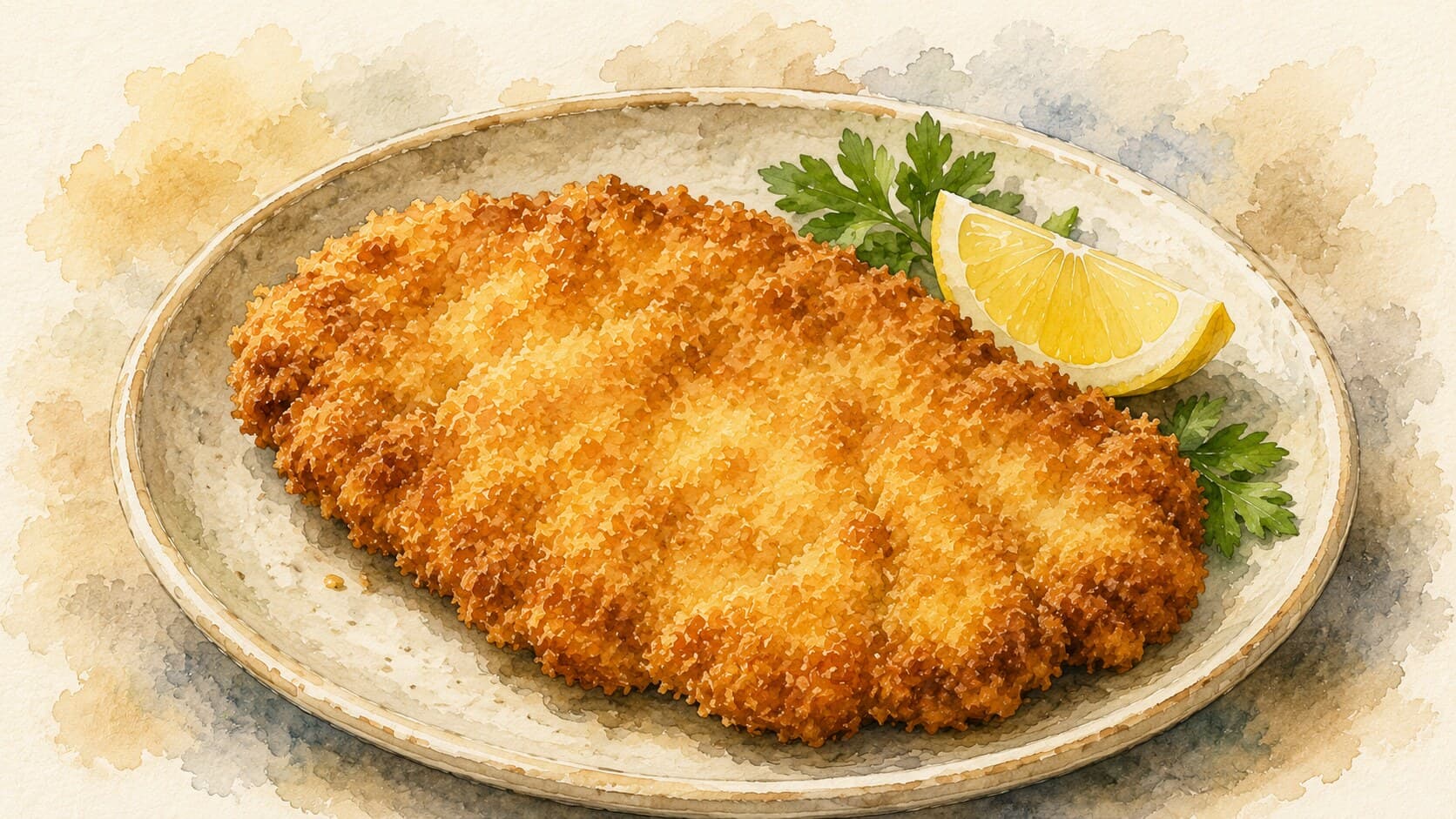 A beautifully illustrated Wiener Schnitzel on a warm cream background, showcasing its light and puffy crust.