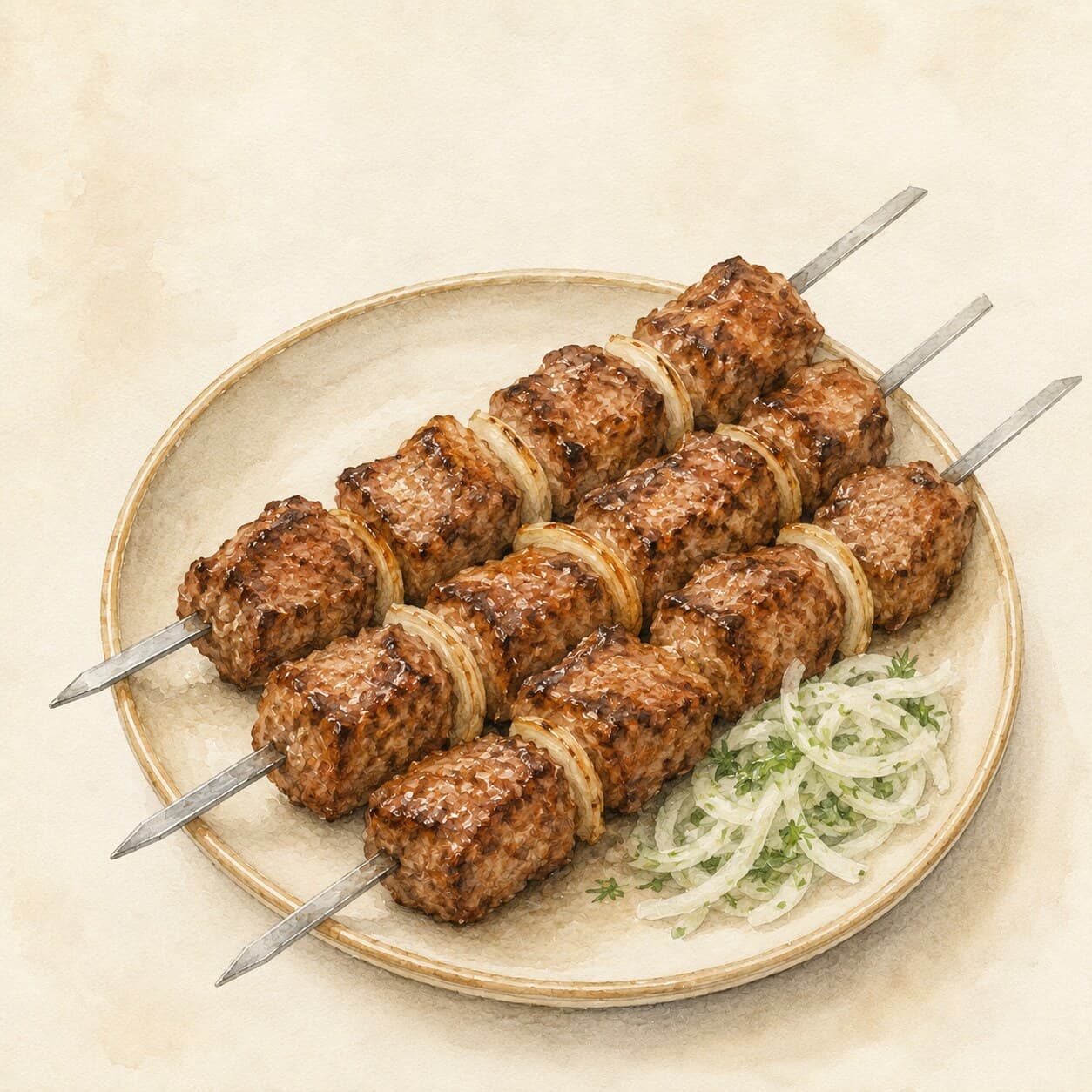 美味しそうに焼かれたシャシリクの串焼きの写真