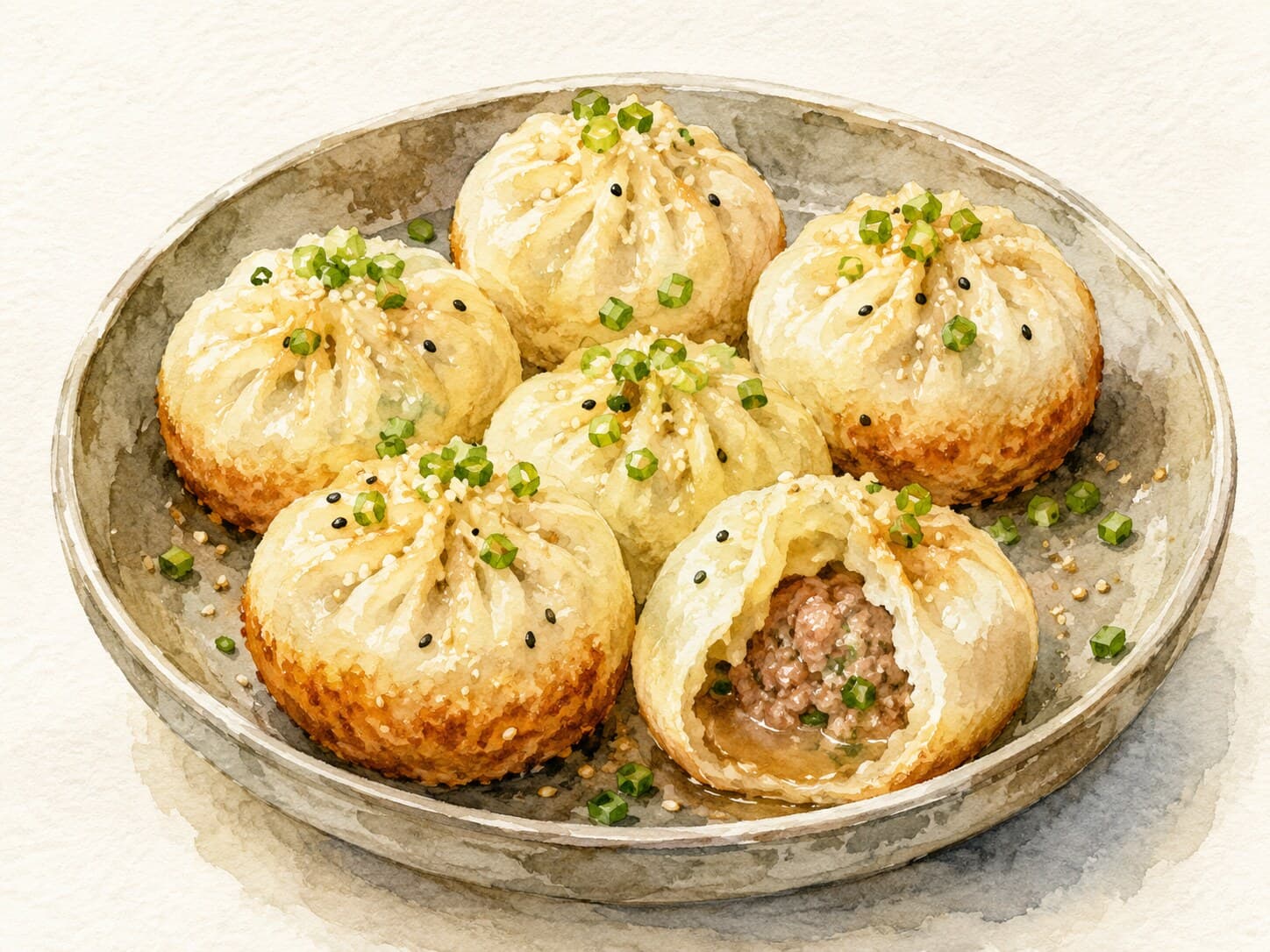 A beautifully illustrated plate of Shengjian Bao, showcasing their golden-brown crust and soft tops.