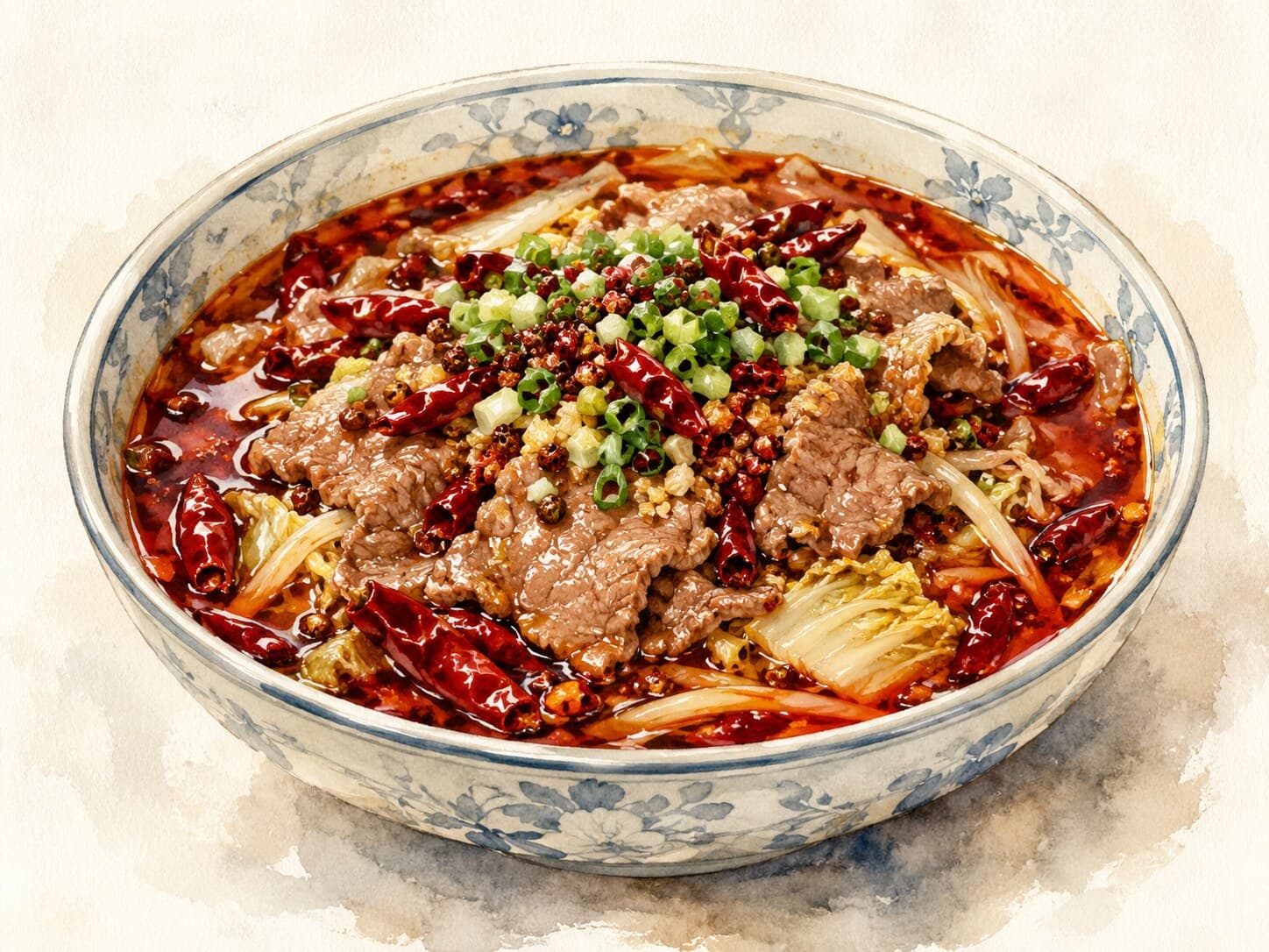 水煮牛肉の盛り付けが美しい皿のイラスト