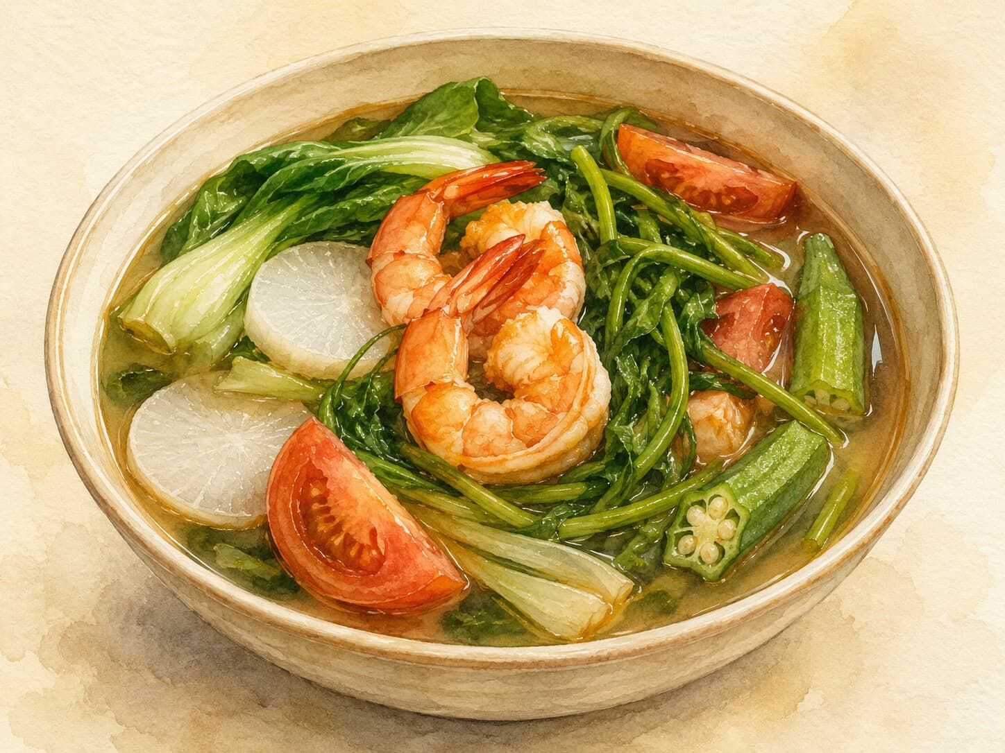 A clear brothy soup with pork, long beans, radish, and water spinach in an earthen bowl, steam rising.