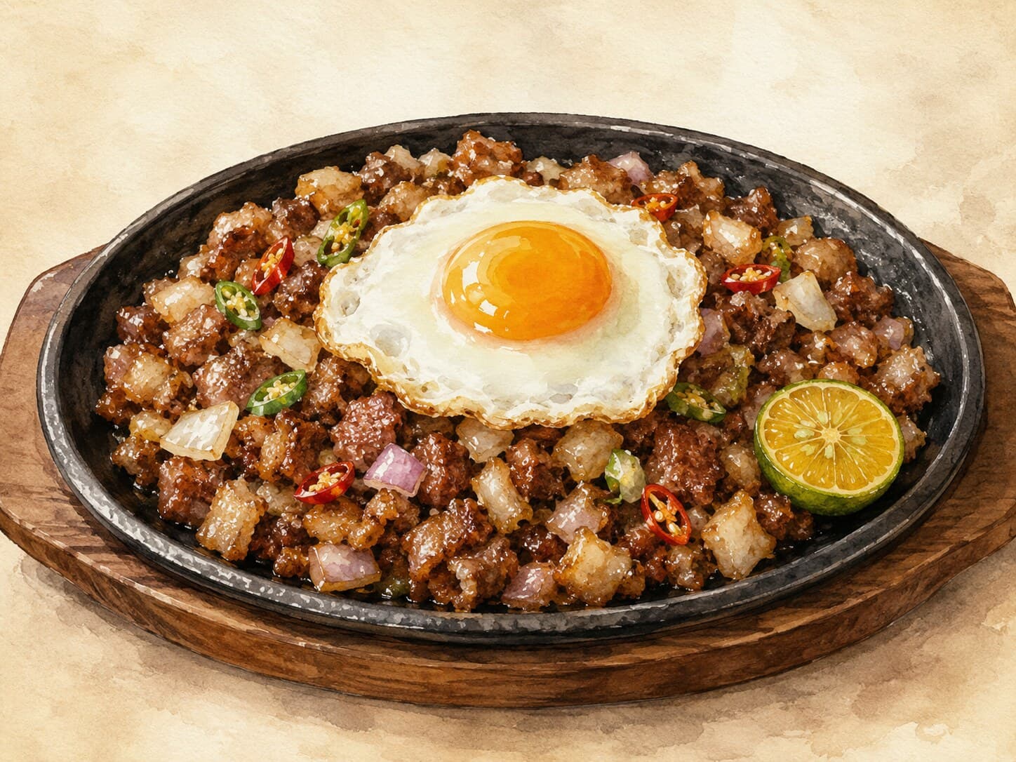 Finely chopped, crisp-edged pork served on a sizzling plate with a raw egg, lime wedges, and red chili.