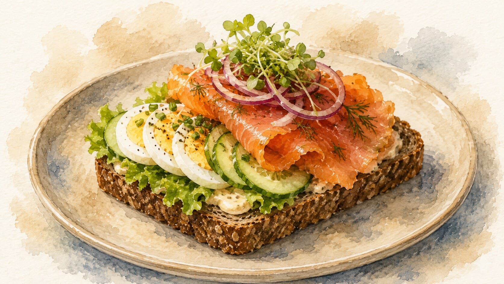 A beautifully arranged Smorrebrod with vibrant toppings on dense rye bread, set against a warm cream background.