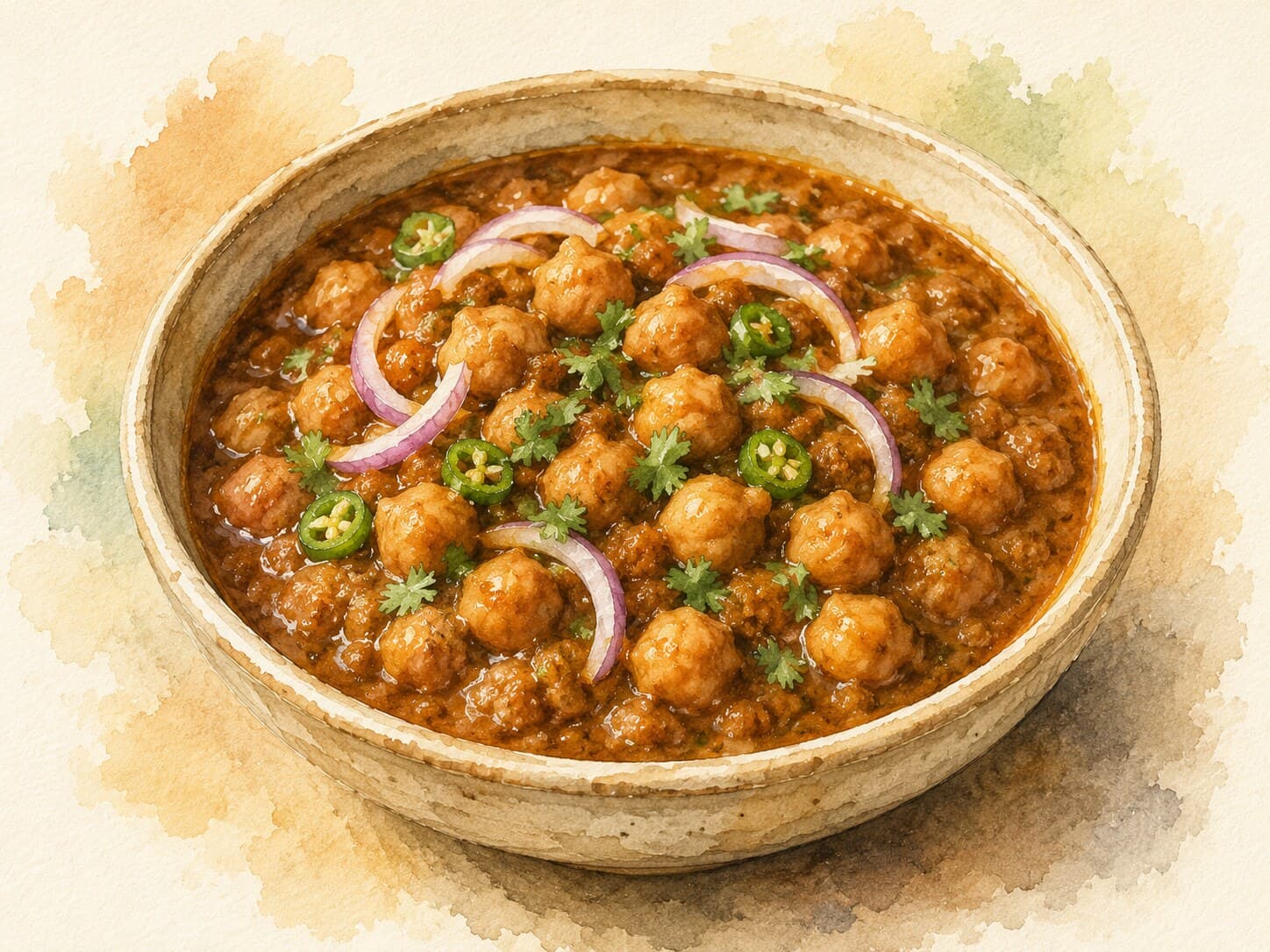 A bowl of soya chunk curry garnished with red onion rings, green chili, and cilantro, showcasing round spongy chunks in a thick brown sauce.