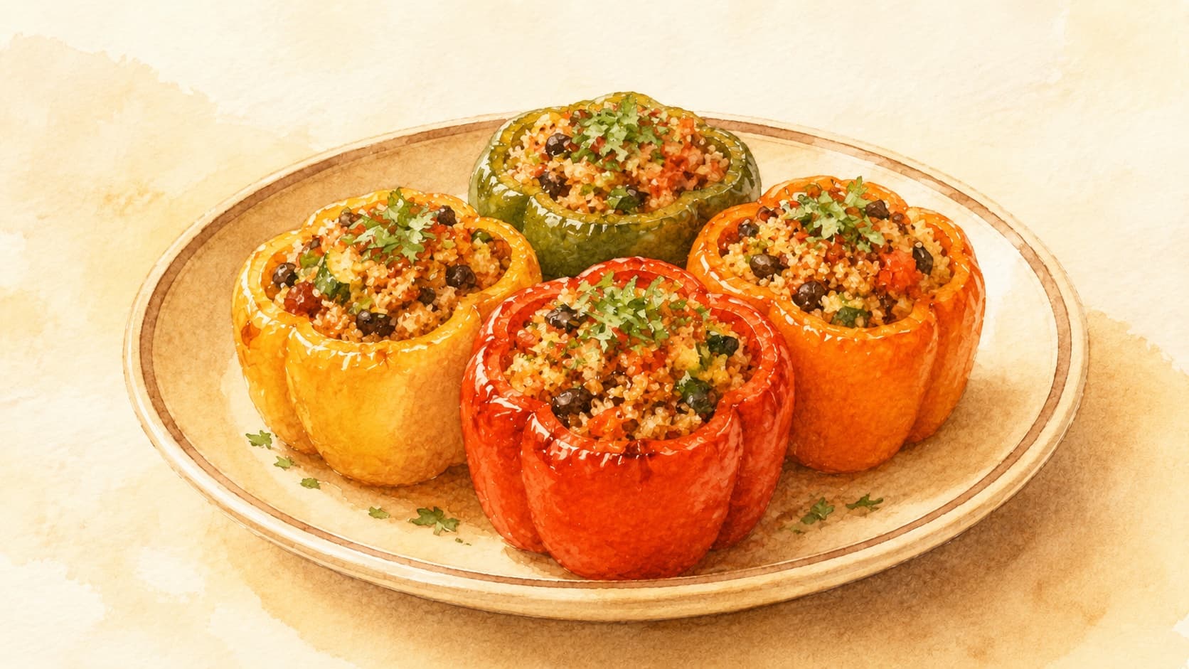 肉と野菜が詰められたピーマンの美しい盛り付け