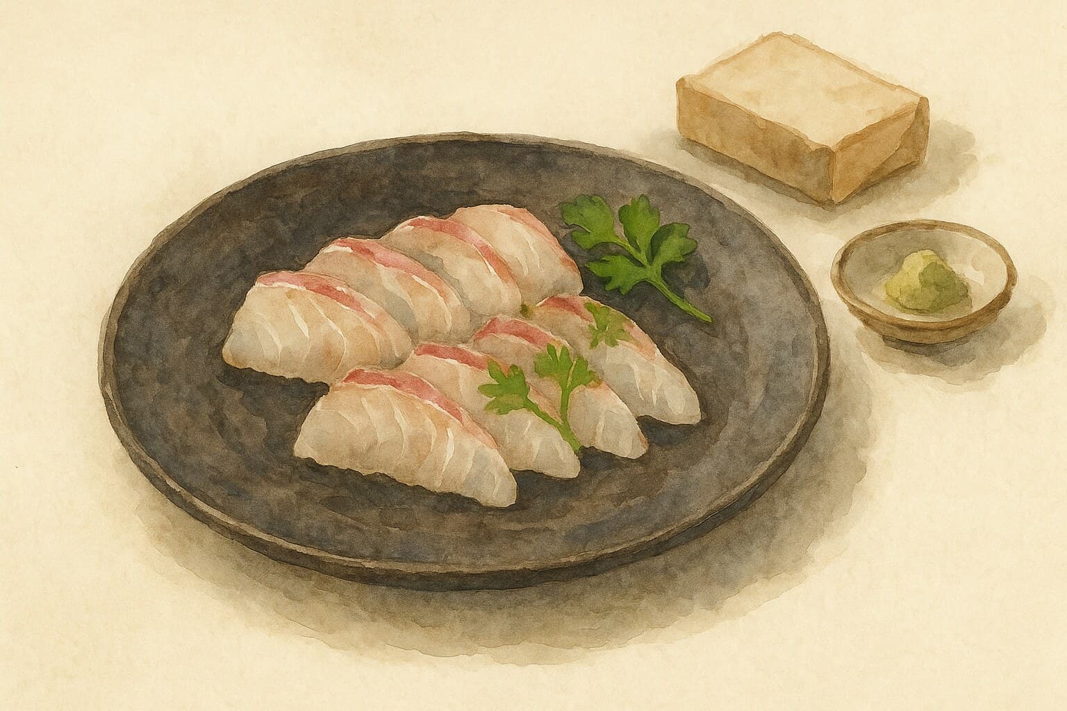 薄くスライスされた昆布締めの鯛が黒い皿に並べられ、シトラスのタッチが添えられています。