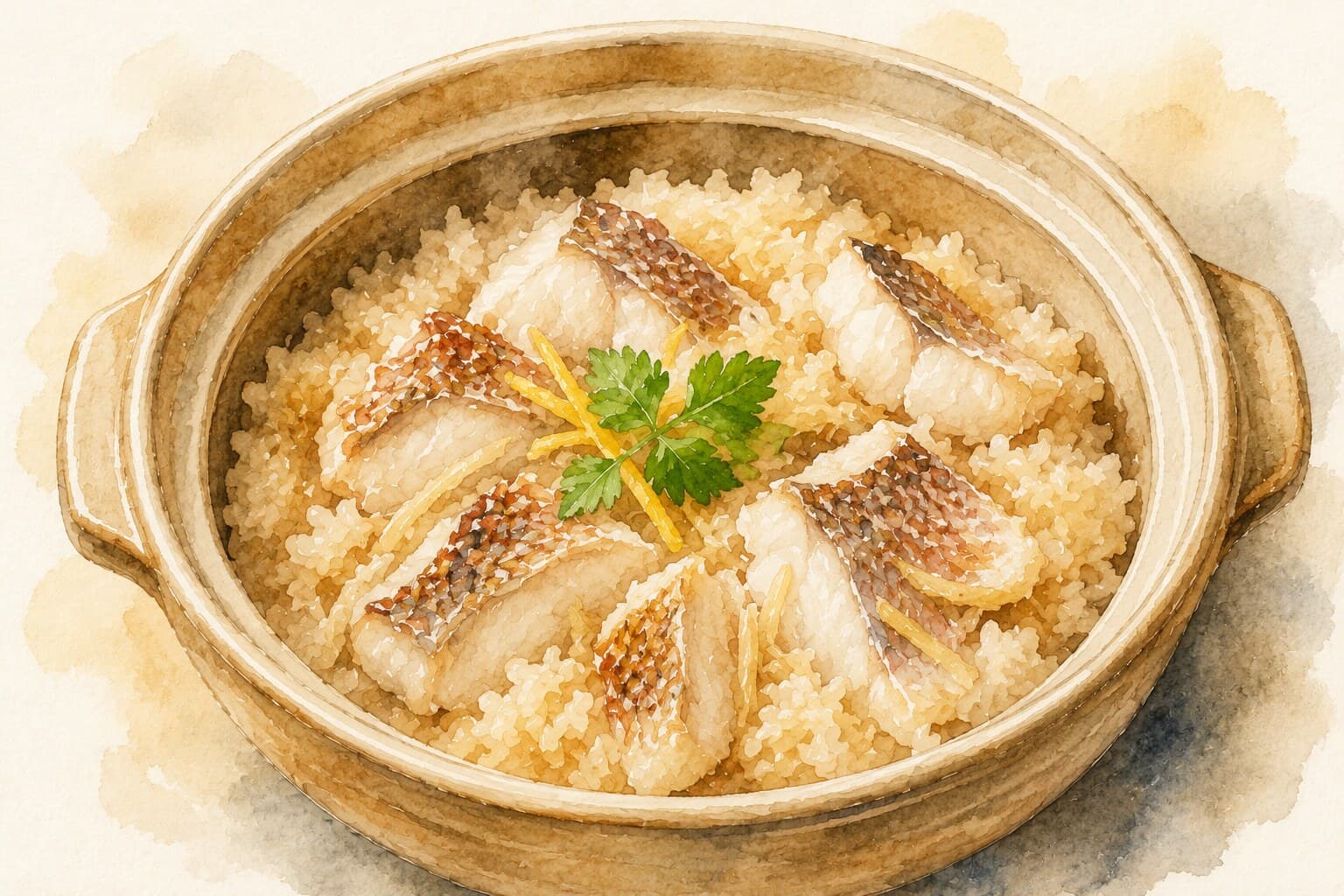 A beautifully illustrated watercolor of Taimeshi, featuring whole sea bream on a bed of rice.