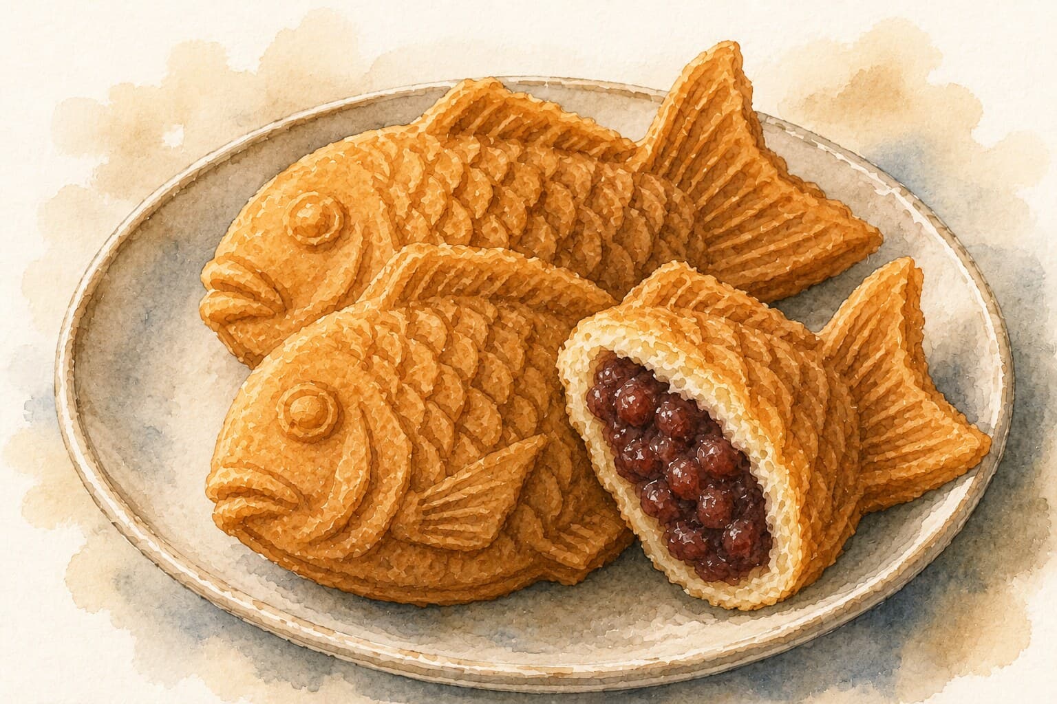 An artistic representation of a taiyaki cake in a warm watercolor style.
