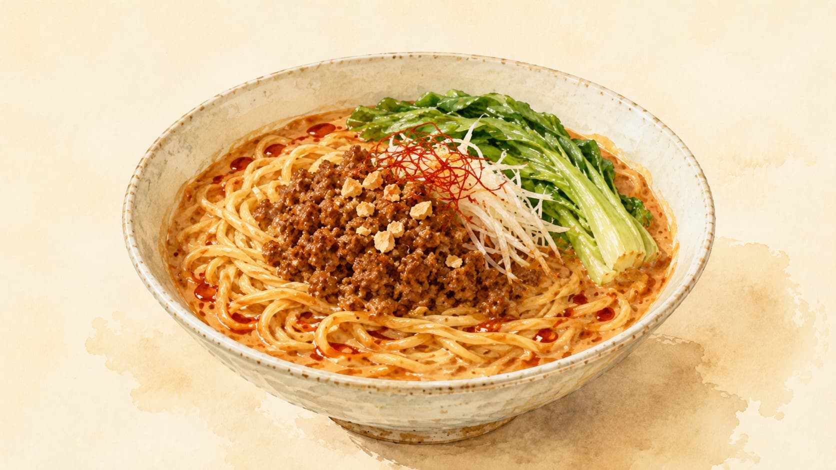 担々麺の美しい盛り付けが描かれた水彩画