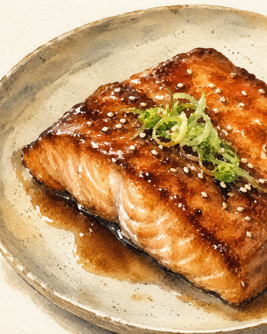 A beautifully seared salmon fillet glazed with a rich teriyaki sauce, garnished with green onions.