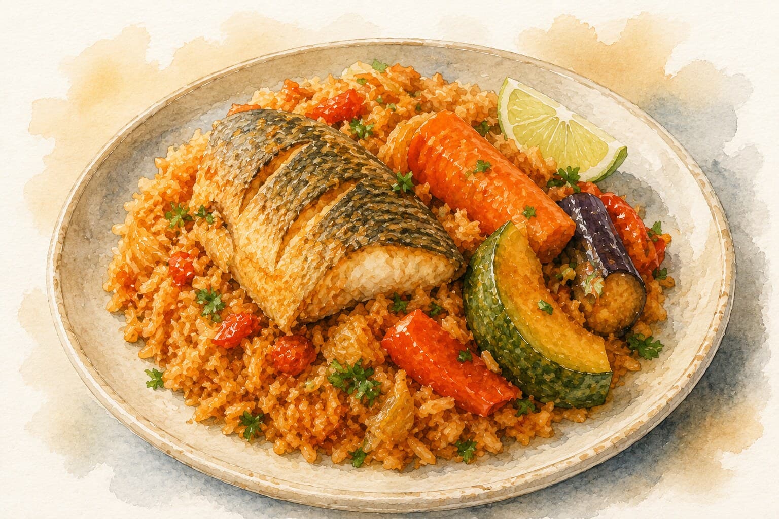 A vibrant illustration of Thieboudienne, showcasing the stuffed fish and rice on a warm cream background.