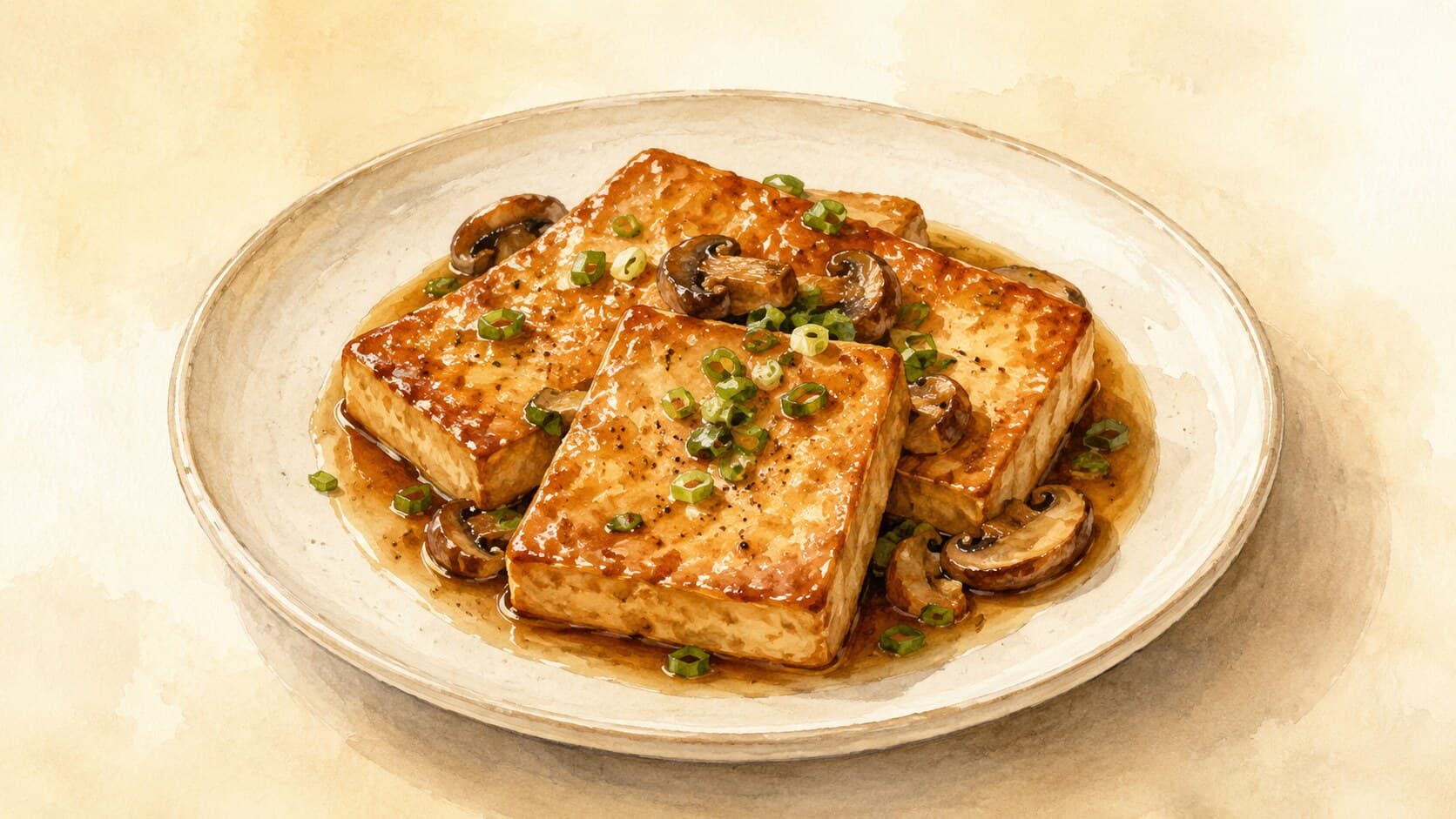 Two golden-crusted thick tofu slabs on a black plate with glossy sauce and garnishes.
