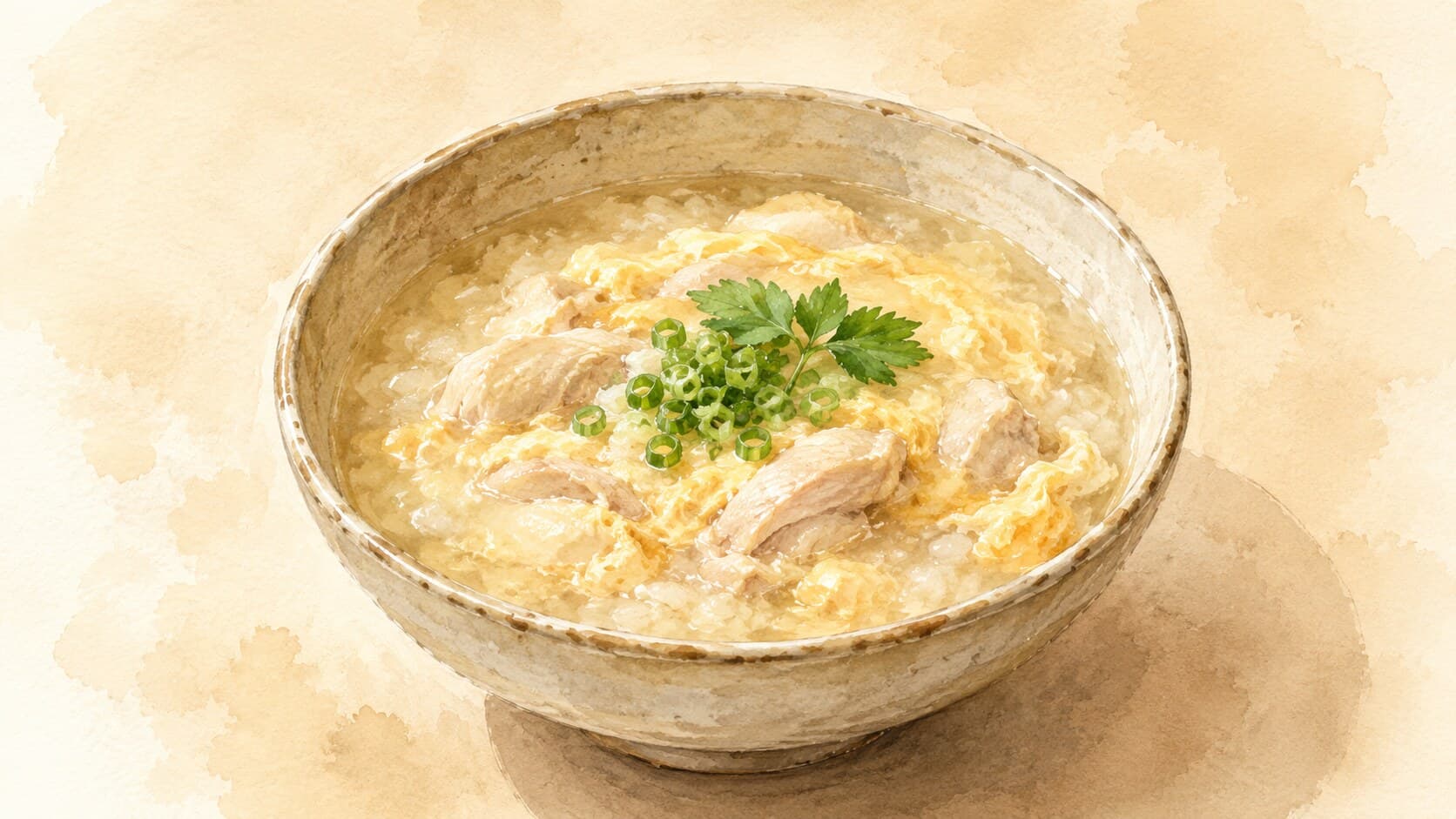 A wide shallow bowl filled with pale-amber rice porridge topped with shredded chicken, soft green leaves, and yellow egg ribbons.