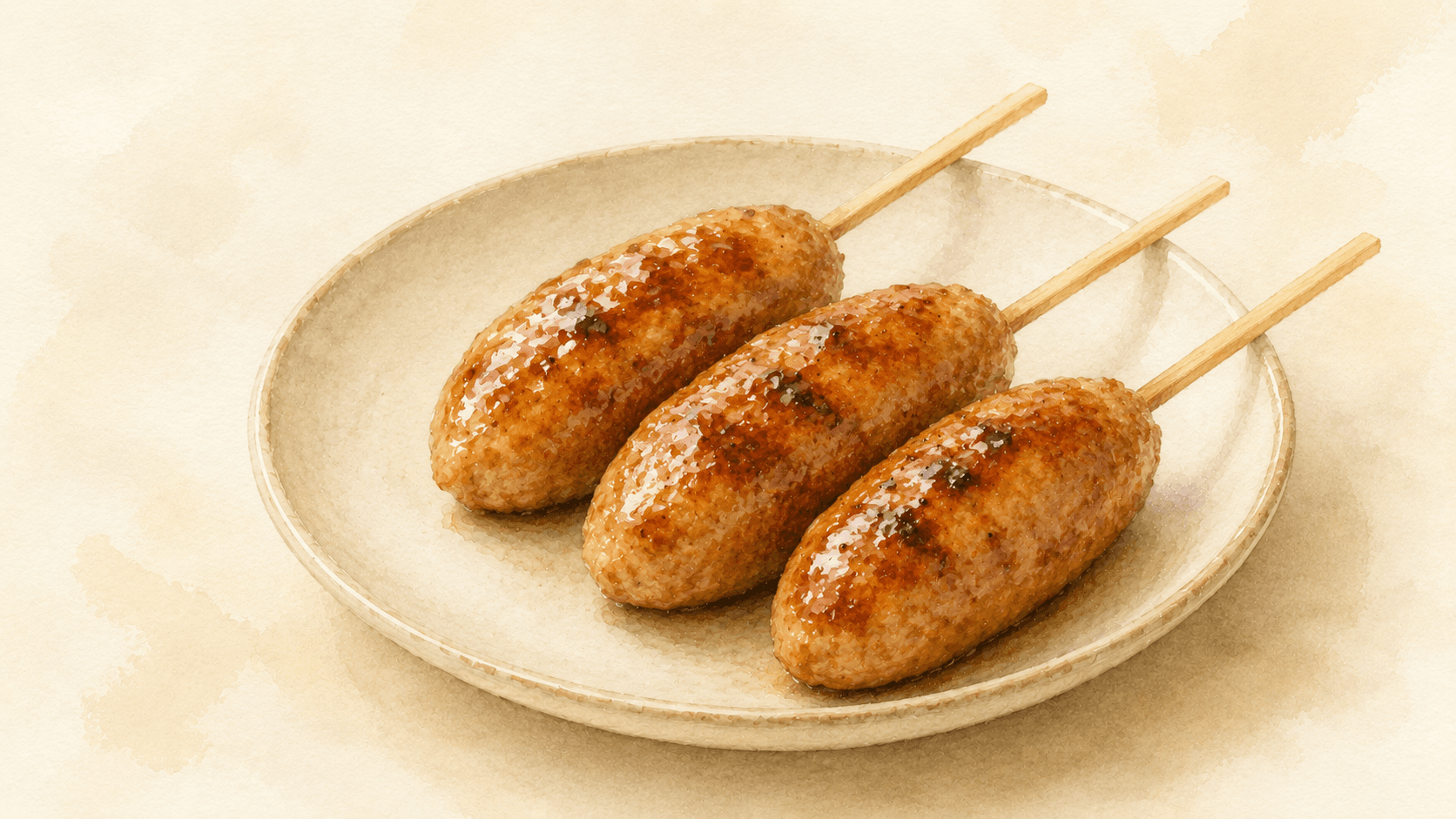 Three tsukune skewers on a plate, glazed with dark tare and glistening