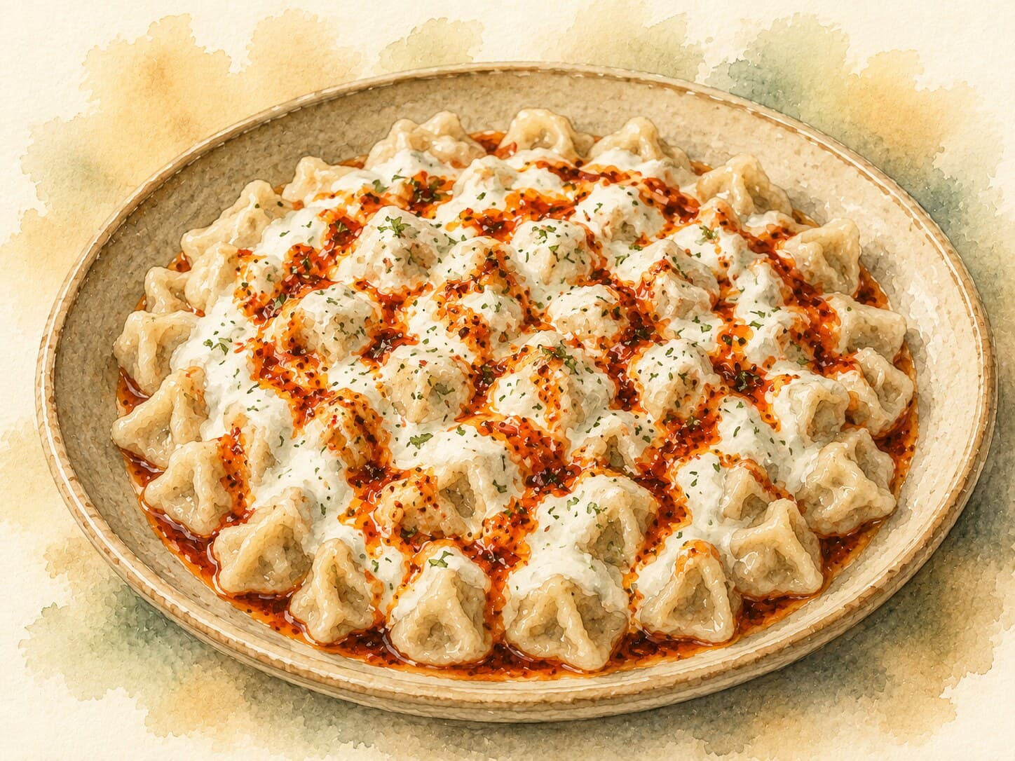A beautifully illustrated dish of Manti topped with yogurt and paprika-chili butter, set against a warm cream background.
