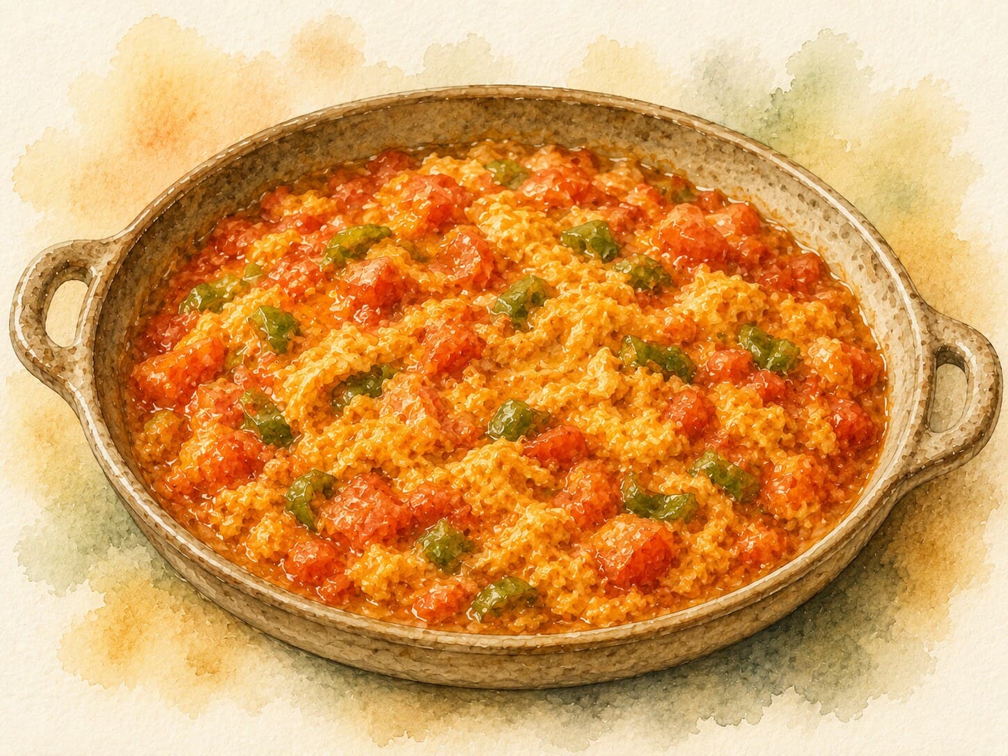 A vibrant watercolor illustration of Menemen, showcasing eggs mixed with jammy tomatoes and peppers.