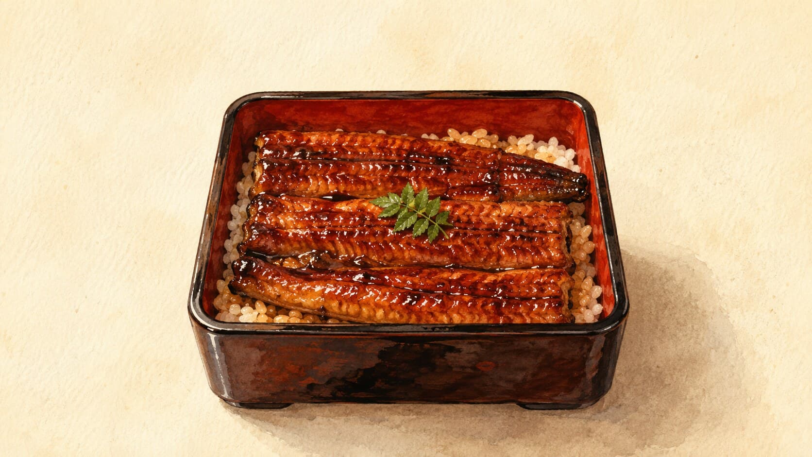 A lacquered black box filled with fluffy rice topped with glossy dark-brown eel fillets and a sprinkle of sansho pepper.