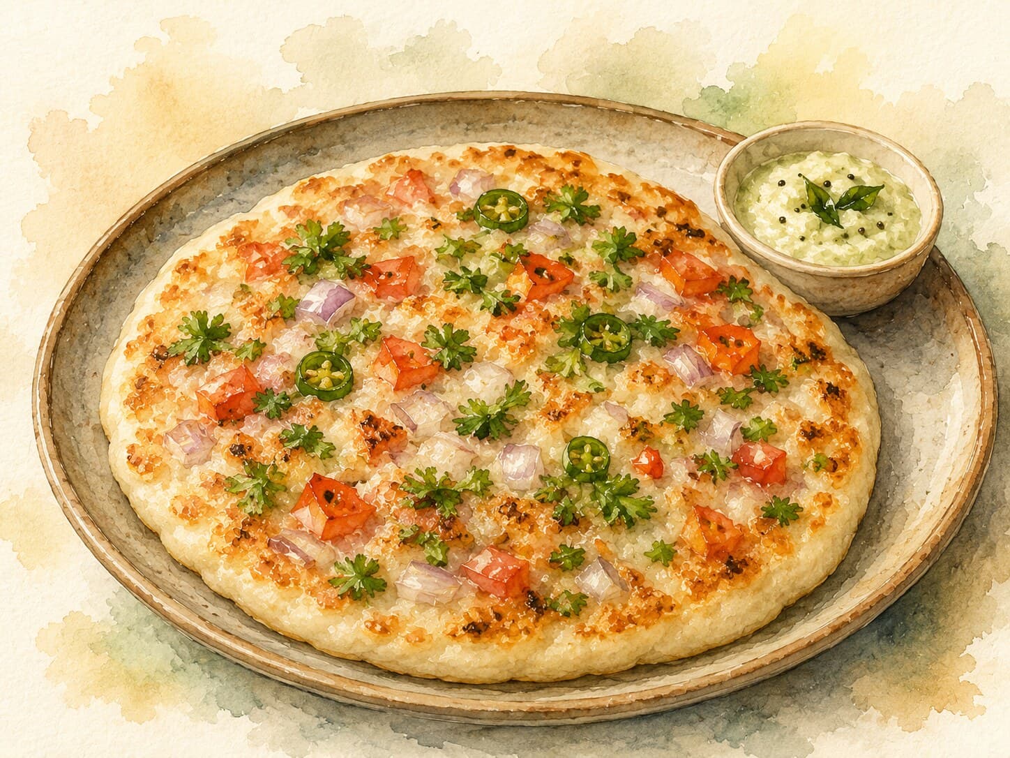 A beautifully illustrated Uttapam topped with colorful vegetables on a warm cream background.