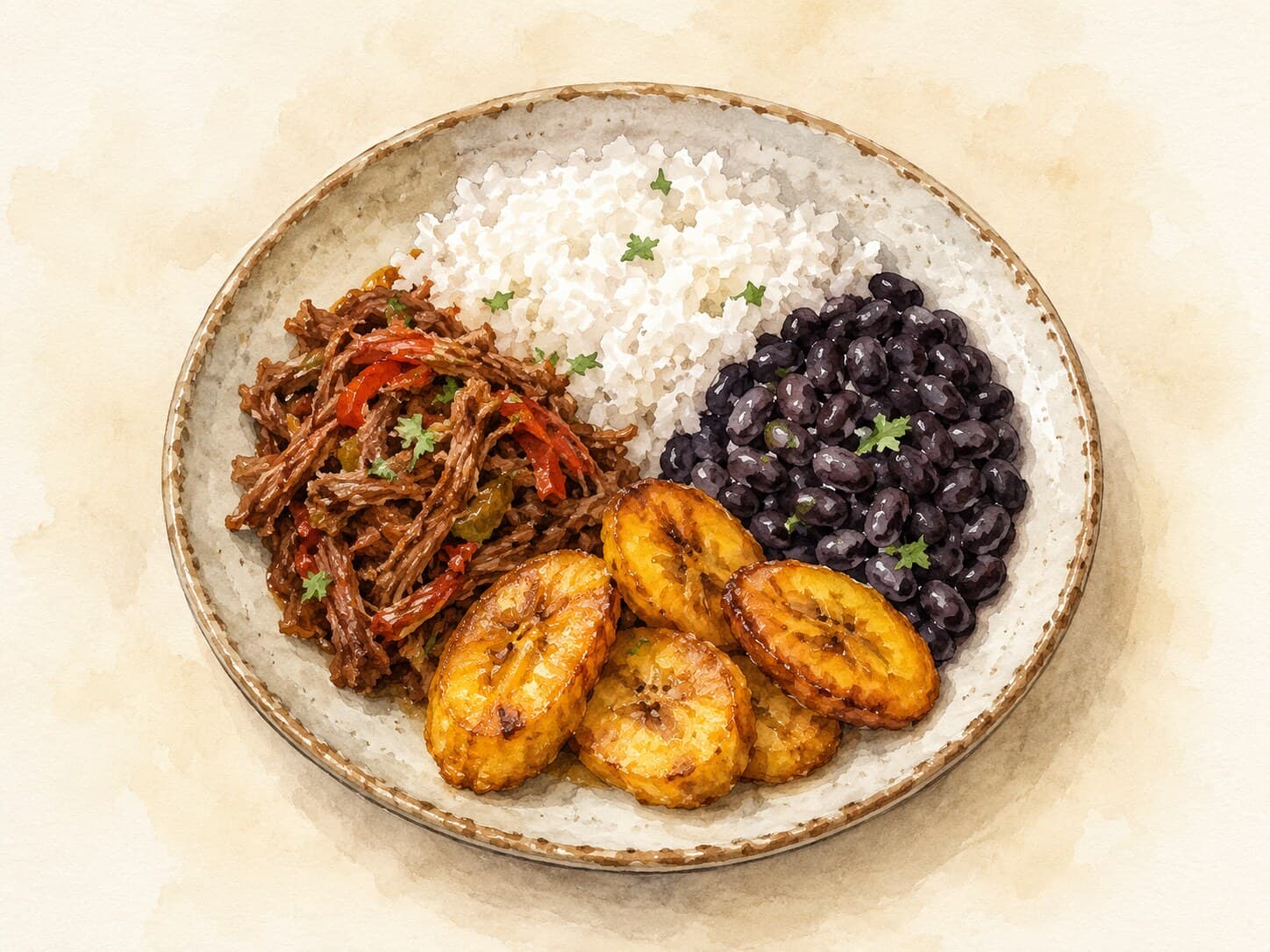A beautifully composed plate of Pabellon Criollo featuring shredded beef, black beans, white rice, and golden fried plantains.