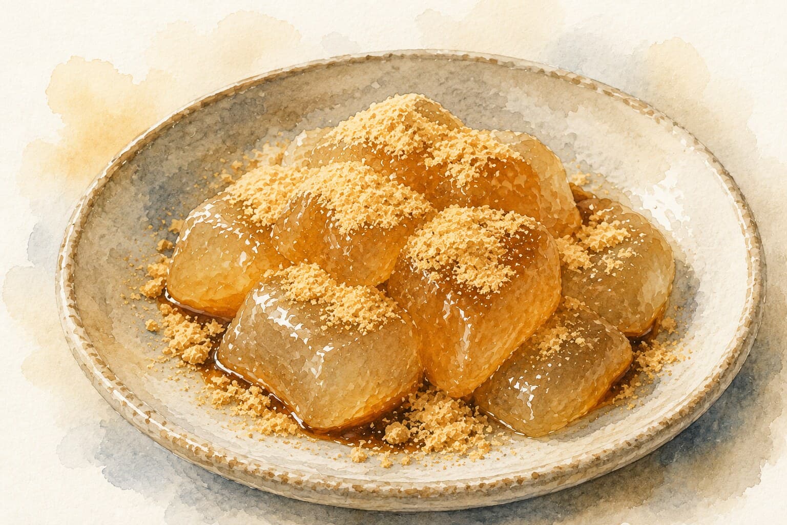 A soft watercolor illustration of Warabimochi dusted with roasted soy flour on a warm cream background.