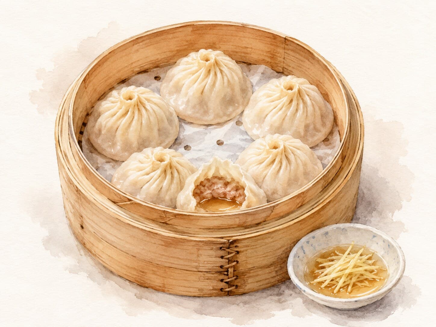 A beautifully arranged plate of Xiaolongbao showcasing their pleated wrappers and glistening surface.