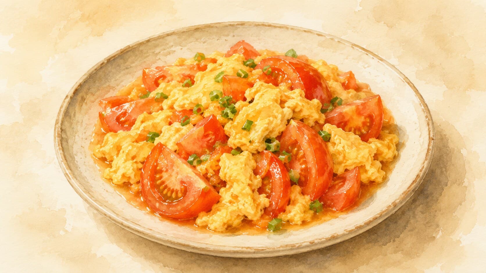 Bright red tomato pieces softened to pulp mixed with fluffy yellow scrambled egg curds, sprinkled with scallion greens, served over white rice.