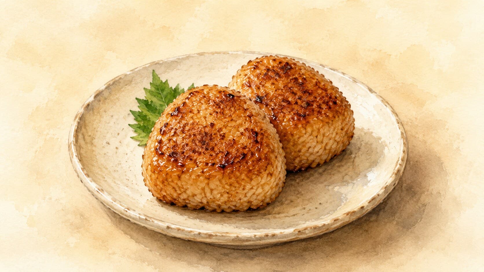 Two golden-brown triangular rice balls with a deep mahogany glazed surface, served on a wooden board.
