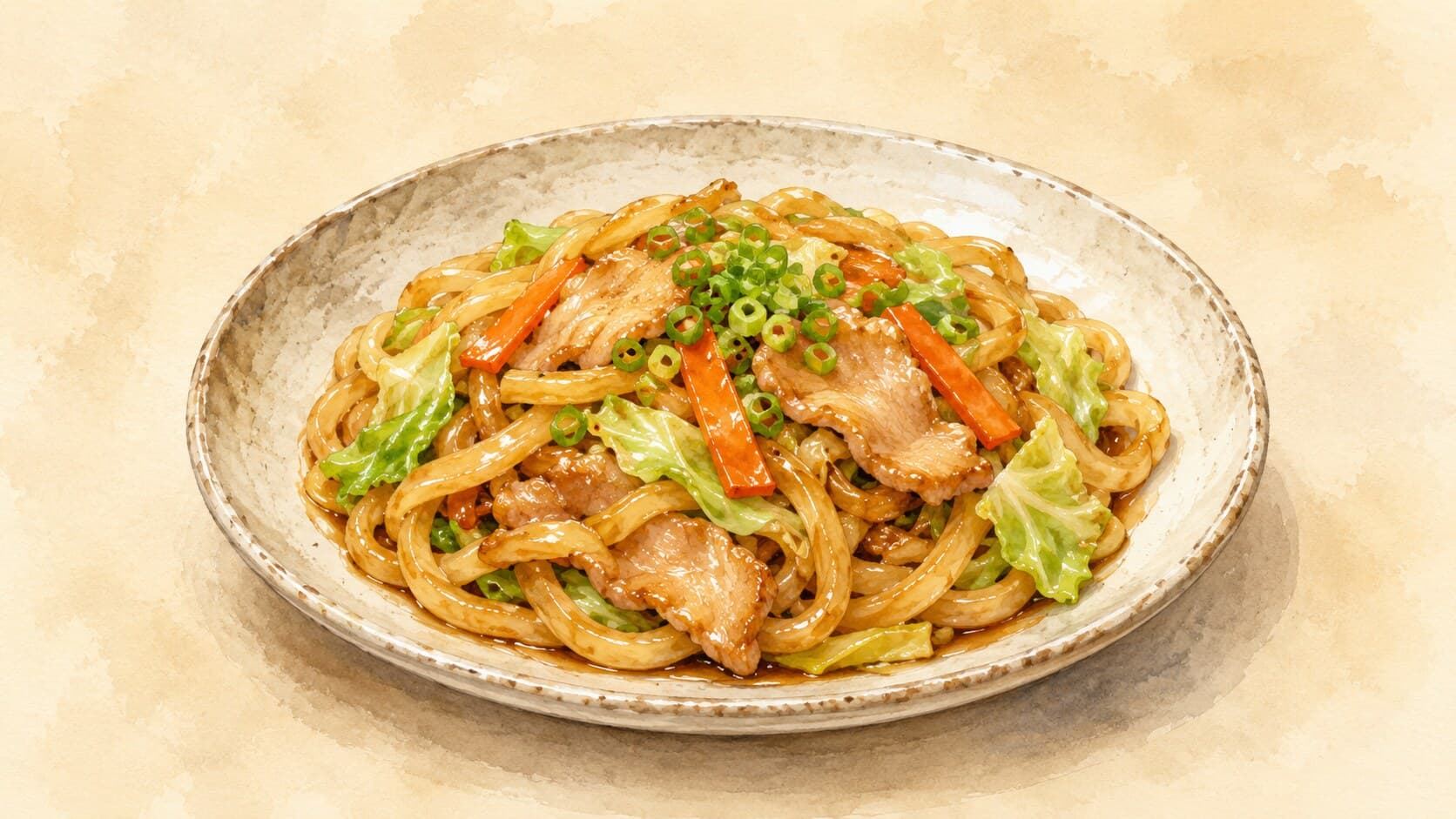 A wok-shaped serving of thick golden udon noodles tangled with sliced pork, cabbage shreds, green onion, and topped with bonito flakes.